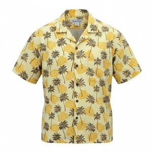 Blue Wave Yellow Palm Tropical Surf Island Vintage Cotton Relax Hawaiian Shirt M